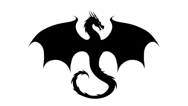 Flying Dragon Silhouette Outline Isolated on Black Background