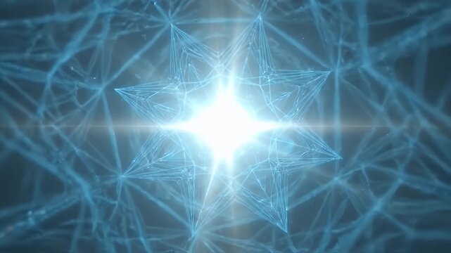 A bright glowing star is surrounded by a blue wireframe structure on a dark background. The video evokes a sense of technology, connectivity, and futuristic design.