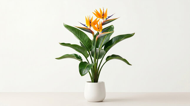 Bird of paradise plant with orange and purple flowers in a white pot on a white background no people still life interior design strelitzia tropical decorative ornamental botanical gardening