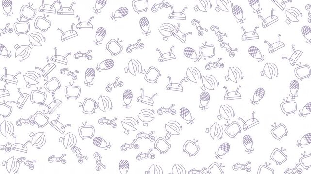 Pattern of various cartoon objects suitable for childrens book illustrations, wrapping paper design, or fun stationery products. Bright and playful.