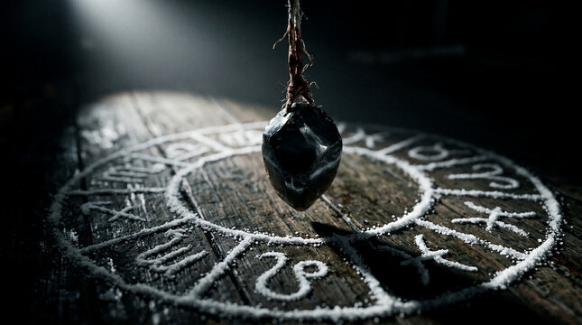 Magic obsidian pendulum swinging over salt zodiac circle on old wooden floor