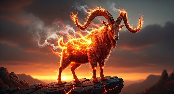 Fantasy fiery bighorn goat standing strong.