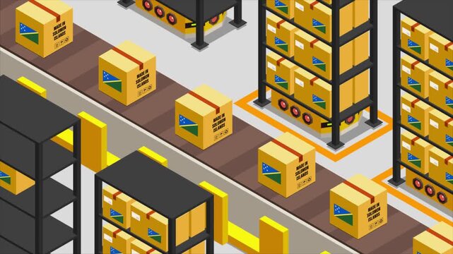 Smart Automated Warehouse System with Flag of SOLOMON ISLANDS, Modern Industrial Logistics and Supply Chain Animation