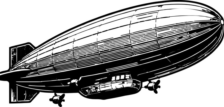 Isolated vintage airship blimp with propellers and gondola, detailed line art, retro aviation transport illustration