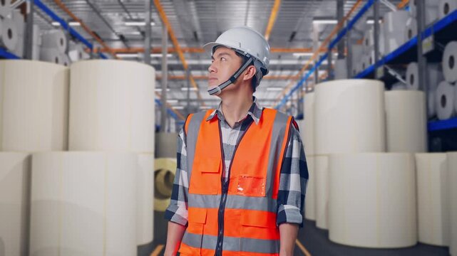 Asian Male Engineer With Safety Helmet Looking Around While Standing at Warehouse with Rows of Stacked White Polymer and Paper Rolls