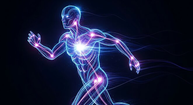 Glowing human body running fast with neon.