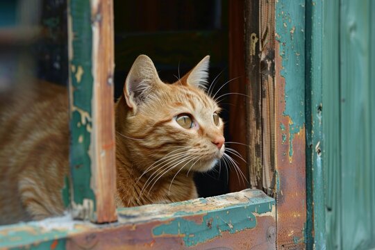 Ginger tabby cat looking out of a weathered, peeling paint, green window frame