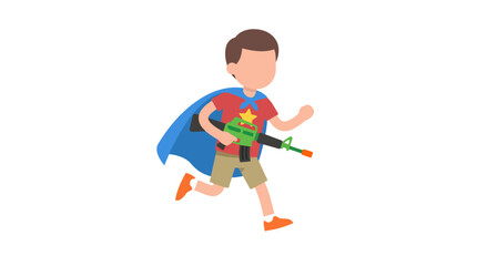 Fototapeta premium Cartoon illustration of a young boy running in a superhero costume holding a toy gun.