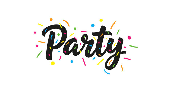 Vibrant handwritten 'Party' lettering design with colorful confetti, perfect for festive event invitations, celebrations, and joyful occasion graphics