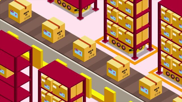 Smart Automated Warehouse System with Flag of FIJI, Modern Industrial Logistics and Supply Chain Animation