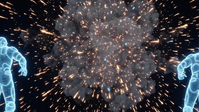 This video depicts two wireframe figures colliding amidst an explosion of energy sparks. The futuristic scene is set against a dark background, emphasizing the bright light and dynamic impact.
