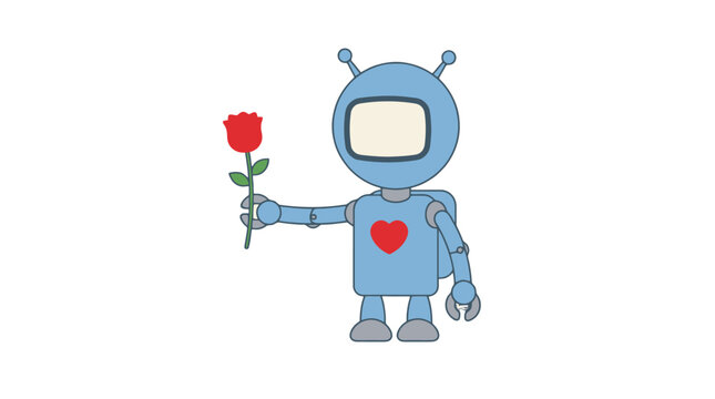 Cute blue cartoon robot character holding a red rose flower.