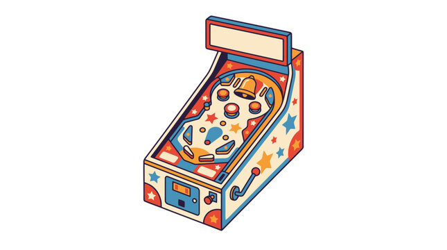 Colorful Vintage Style Isometric Pinball Machine Illustration Isolated on White Background.