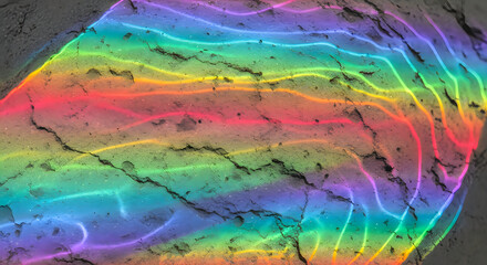 Fototapeta premium Rainbow colored neon lines on cracked asphalt road surface