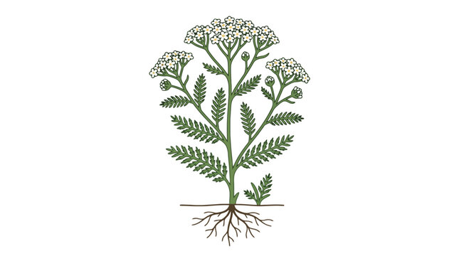 Detailed Illustration of a Yarrow Plant with Roots and Flowers.