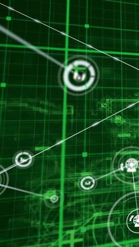 Vertical video: Network showing links, diagonal streak sparking nodes popping, linking on neon grid