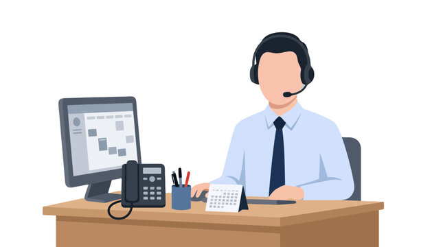 Male call center operator working at desk with headset and computer illustration.
