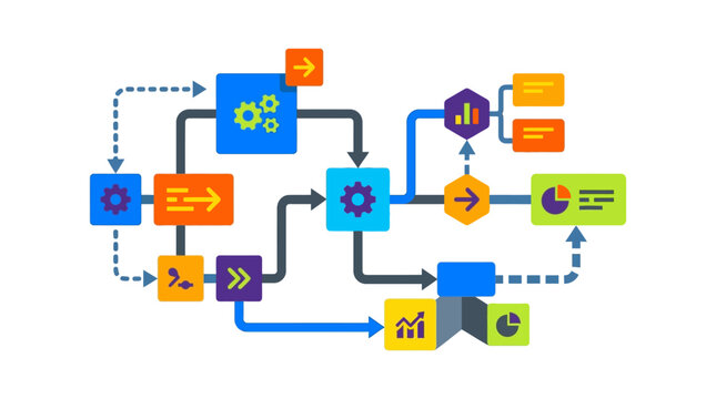 A visual representation of a complex data processing workflow or business process diagram with interconnected steps and analytics.