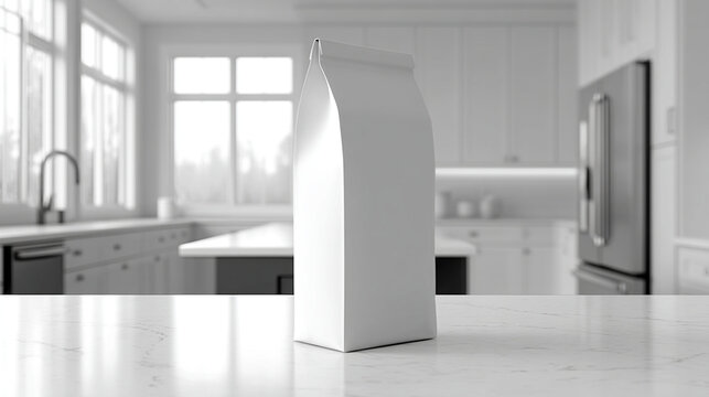 Blank white packaging pouch standing on kitchen counter in modern home interior