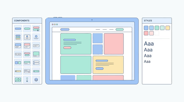Illustration of a user interface design process showing components, layout, and styling options on a tablet screen.