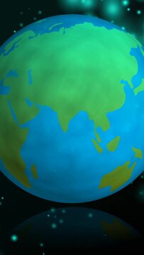 Vertical video: On play Earth globe rotating eastward, revealing lands with teal bokeh and mirror