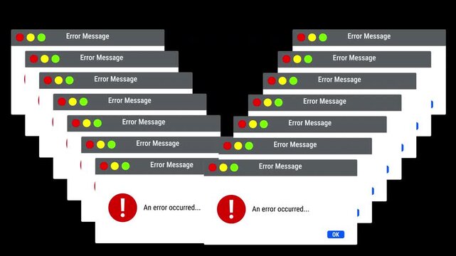 Multiple error windows covering display. Data corruption and stack overflow alerts. Application fault and timeout dialogs stacked. 4K video.