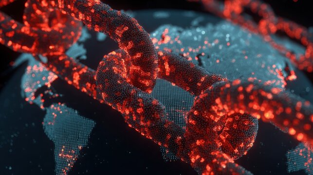 A glowing red digital chain links continents on a dark, data-filled planet.