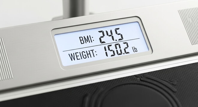 Modern health scale display shows body mass index and current weight. Electronic device features clear numbers on bright health scale display, aiding wellness tracking.