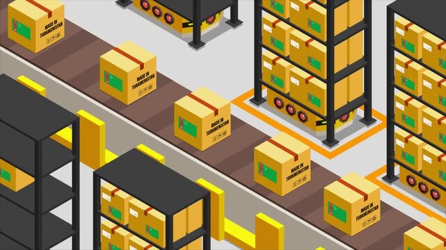 Smart Automated Warehouse System with Flag of TURKMENISTAN, Modern Industrial Logistics and Supply Chain Animation