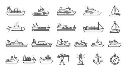 Collection of various line art nautical vessels and equipment icons © bro