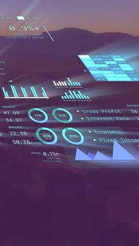 Vertical video: Camera rising showing HUD over dusk hills, data moving and focusing equity readout