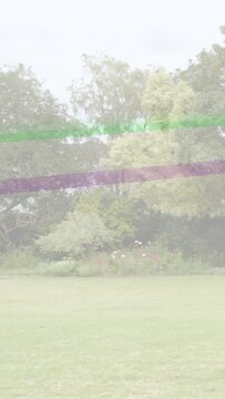 Vertical video: Diagonal bands triggered by overlay sweeping across lawn and trees, revealing trees