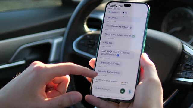 Stay connected. Close-up of a driver reading a family group chat on a smartphone. Authentic messages about home chores and safety. High-quality footage for social media, telecommunication, and modern
