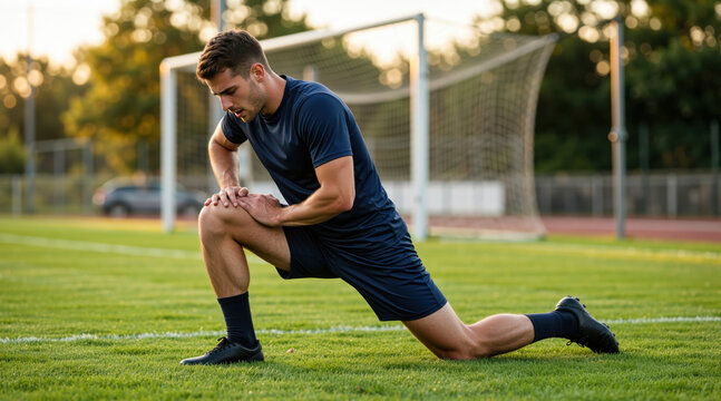 Male soccer player warming up on a green field. Athletic man in dark sportswear stretching legs before a match. Sports training, football and healthy lifestyle concept