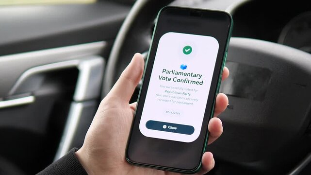 Modern mobile app interface confirming a parliamentary vote. Close-up of secure digital election process inside a vehicle. High-quality visual for news, political documentaries, and e-voting tech
