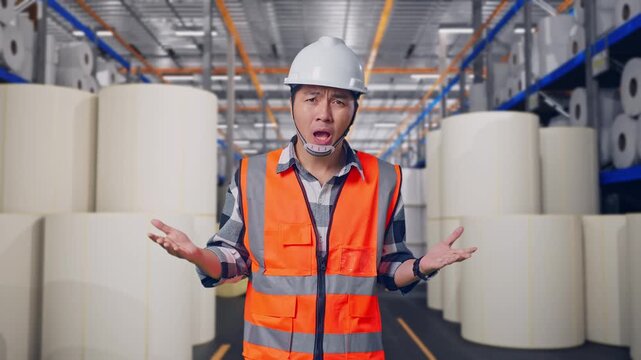 Wondering Asian Male Engineer With Safety Helmet Saying Why Working Doubtfully at Warehouse with Rows of Stacked White Polymer and Paper Rolls