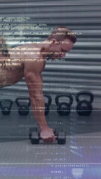 Vertical video: Man grabbing hex dumbbell, doing plank rows for fitness as overlay intensifies