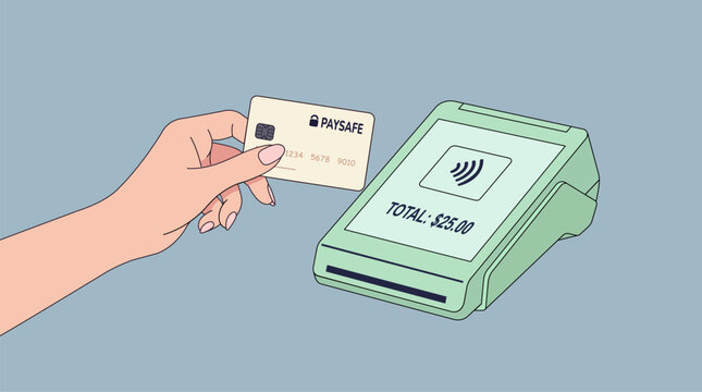 Minimalist vector of a hand paying with a contactless credit card on a POS terminal machine in a pastel colors