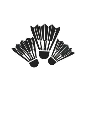 Trio of shuttlecocks are clustered together. Black and white graphic image on a neutral background