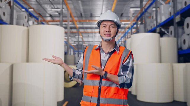 Asian Male Engineer With Safety Helmet Smiling And Pointing To Side While Standing at Warehouse with Rows of Stacked White Polymer and Paper Rolls