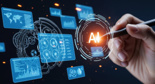 AI engineer interacting with virtual intelligence system ,analytics dashboard, representing automation strategy, data integration, predictive modeling, digital transformation, technology development. 