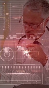 Vertical video: HUD fading in, leading doctor adjusting stethoscope, leaning in, reviewing chart