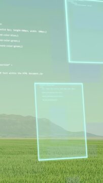Vertical video: Cyan frame appearing, starting panes drifting, digit streams falling, showing data