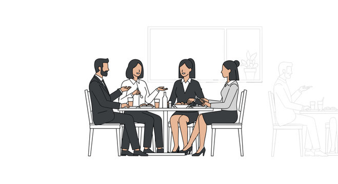 A group of four professionals in business suits sit at a dining table for a lunch meeting while a ghosted figure sits alone in the background.