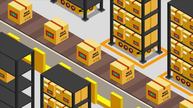 Smart Automated Warehouse System with Flag of MALDIVES, Modern Industrial Logistics and Supply Chain Animation
