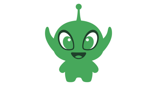 Green Alien Cartoon Character Icon with Big Eyes and Antenna, Minimalist Design