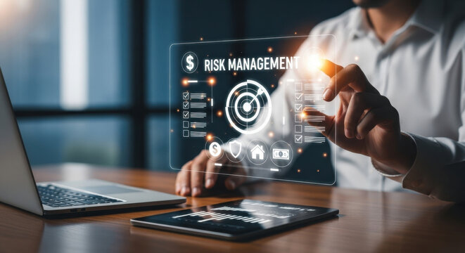 A risk manager evaluates business strategy using risk assessment for threat analysis, financial protection, decision making, compliance control, performance monitoring, mitigation planning 