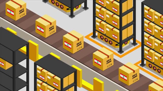 Smart Automated Warehouse System with Flag of LEBANON, Modern Industrial Logistics and Supply Chain Animation