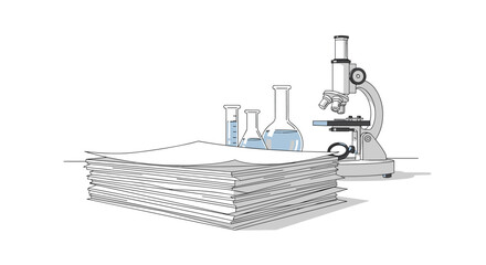 Fototapeta premium A thick stack of blank papers rests beside laboratory beakers, flasks, and a scientific microscope on a clean white laboratory workspace surface.