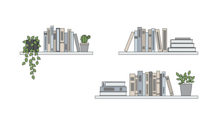 Naklejka premium Staggered wooden shelves holding collections of books in neutral colors and small succulents are isolated against a plain light gray studio background.